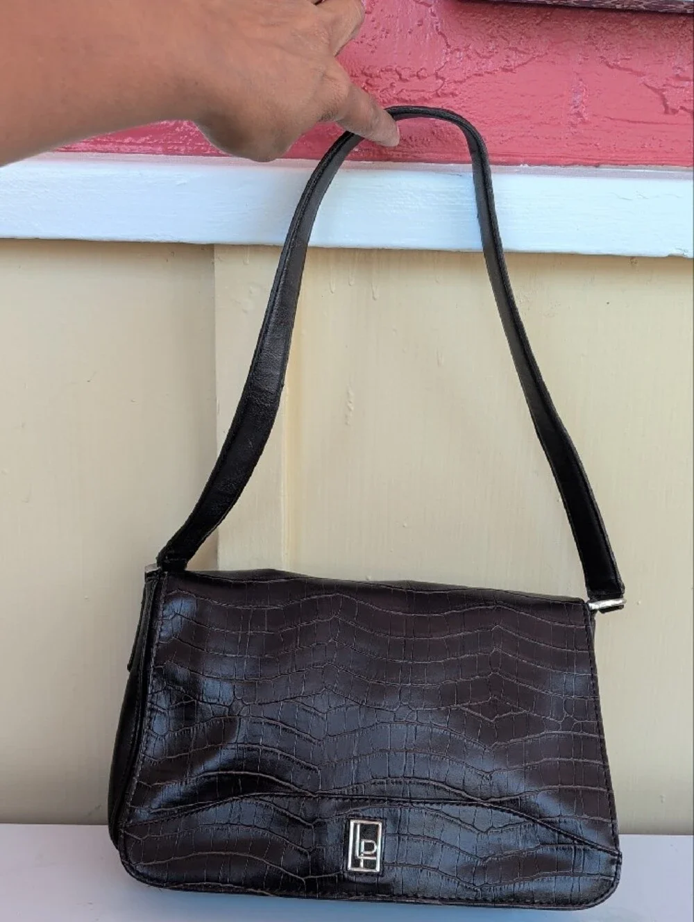 Croc-Embossed Leather Shoulder Bag in Dark Brown